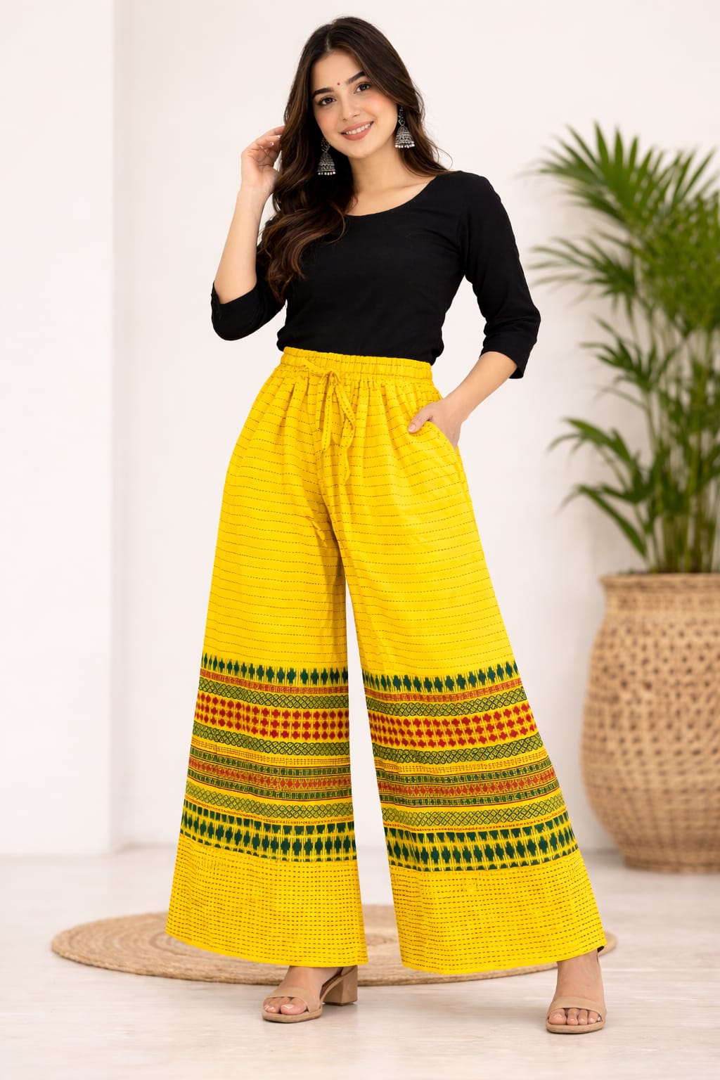 Sunshine Yellow Heritage Printed Ethnic Palazzo Pants for Women